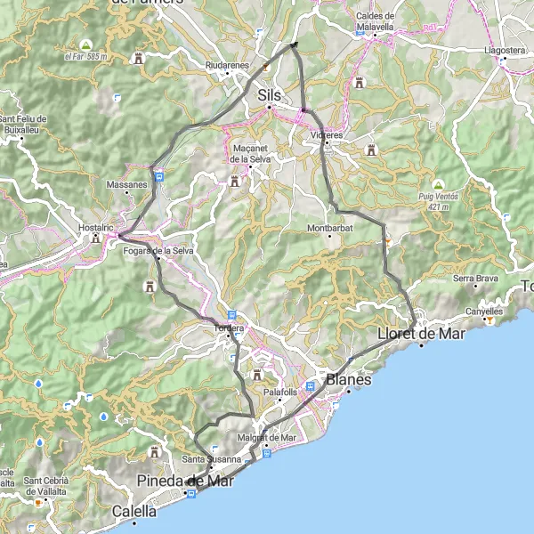 Miniatua del mapa de inspiración ciclista "Ruta Escénica de Santa Susanna a Castell" en Cataluña, Spain. Generado por Tarmacs.app planificador de rutas ciclistas
