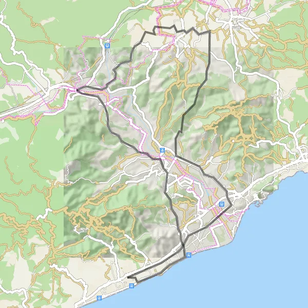 Miniatura mapy "Eksploracyjna trasa rowerowa w okolicach Pineda de Mar (Katalonia, Hiszpania)" - trasy rowerowej w Cataluña, Spain. Wygenerowane przez planer tras rowerowych Tarmacs.app