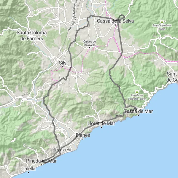Miniatuurkaart van de fietsinspiratie "Heuvelachtige uitdaging van Pineda de Mar" in Cataluña, Spain. Gemaakt door de Tarmacs.app fietsrouteplanner
