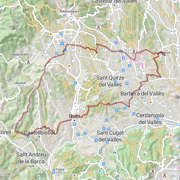 Karten-Miniaturansicht der Radinspiration "Gravelroute durch die Berge von Polinyà" in Cataluña, Spain. Erstellt vom Tarmacs.app-Routenplaner für Radtouren