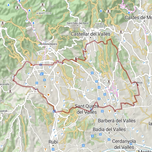 Map miniature of "Polinyà to Turó de Can Canyameres Gravel Route" cycling inspiration in Cataluña, Spain. Generated by Tarmacs.app cycling route planner