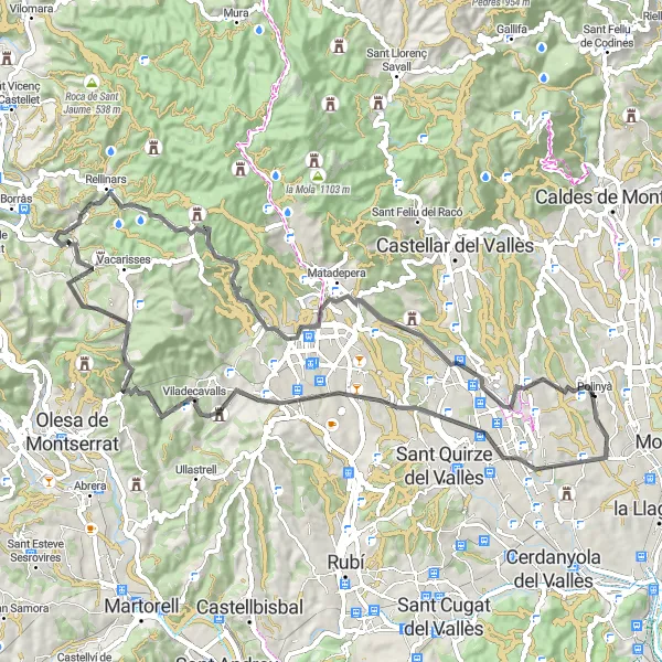 Map miniature of "Polinyà to Sant Julià d'Altura Road Route" cycling inspiration in Cataluña, Spain. Generated by Tarmacs.app cycling route planner