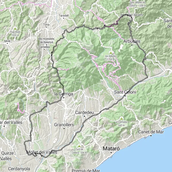 Miniatura della mappa di ispirazione al ciclismo "Ciclismo panoramico tra Polinyà e la Roca del Vallès" nella regione di Cataluña, Spain. Generata da Tarmacs.app, pianificatore di rotte ciclistiche