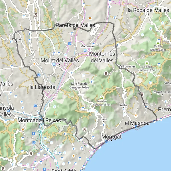 Miniatura della mappa di ispirazione al ciclismo "Ciclismo tra Polinyà e la Llagosta" nella regione di Cataluña, Spain. Generata da Tarmacs.app, pianificatore di rotte ciclistiche