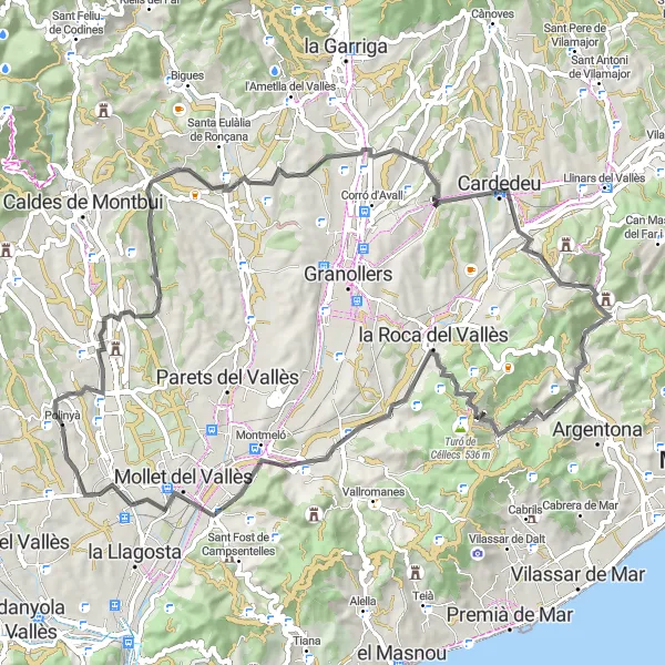 Map miniature of "Hills and Valleys" cycling inspiration in Cataluña, Spain. Generated by Tarmacs.app cycling route planner