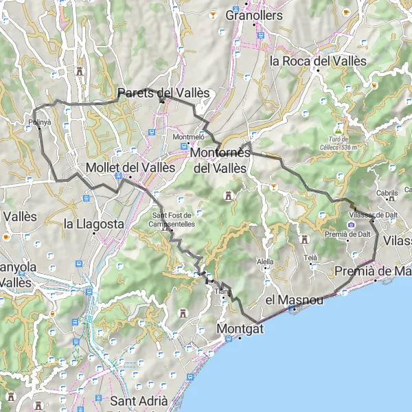 Miniatura della mappa di ispirazione al ciclismo "Giro panoramico tra Polinyà e Santa Perpètua de Mogoda" nella regione di Cataluña, Spain. Generata da Tarmacs.app, pianificatore di rotte ciclistiche