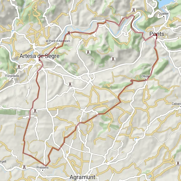 Miniatuurkaart van de fietsinspiratie "Gravelavontuur naar Donzell d'Urgell en Castell de Vilves" in Cataluña, Spain. Gemaakt door de Tarmacs.app fietsrouteplanner