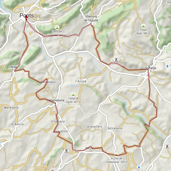 Miniatura della mappa di ispirazione al ciclismo "Strada verso la Creu de Condomines" nella regione di Cataluña, Spain. Generata da Tarmacs.app, pianificatore di rotte ciclistiche