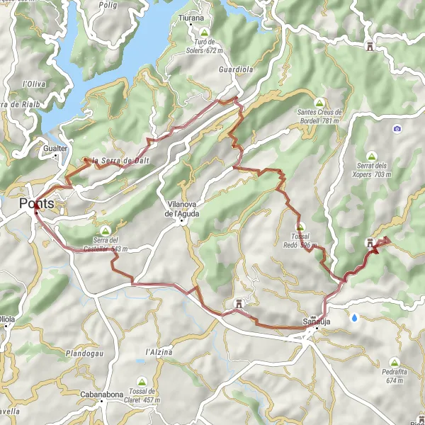 Map miniature of "La Serra de Dalt Gravel Adventure" cycling inspiration in Cataluña, Spain. Generated by Tarmacs.app cycling route planner