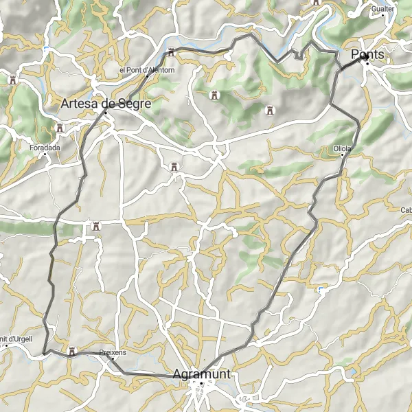 Miniatura della mappa di ispirazione al ciclismo "Giro su Strada tra Tossal de les Forques e Puig d'Estany" nella regione di Cataluña, Spain. Generata da Tarmacs.app, pianificatore di rotte ciclistiche