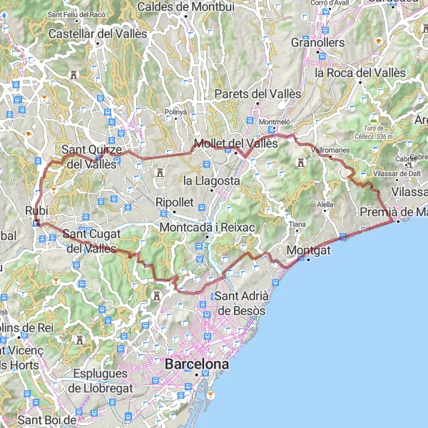 Miniature de la carte de l'inspiration cycliste "Aventure Gravel à Montgat" dans la Cataluña, Spain. Générée par le planificateur d'itinéraire cycliste Tarmacs.app