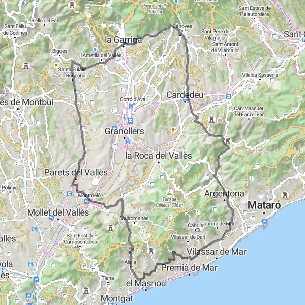 Miniatua del mapa de inspiración ciclista "Ruta de Carretera a Dosrius y Montmeló" en Cataluña, Spain. Generado por Tarmacs.app planificador de rutas ciclistas