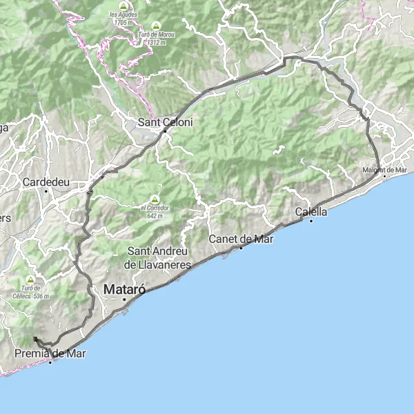 Miniatua del mapa de inspiración ciclista "Ruta de Carretera a Argentona y Pineda de Mar" en Cataluña, Spain. Generado por Tarmacs.app planificador de rutas ciclistas