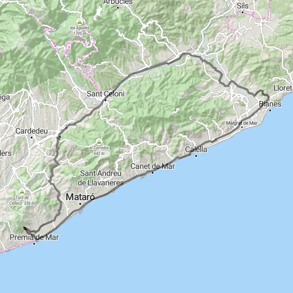 Map miniature of "Premià Loop" cycling inspiration in Cataluña, Spain. Generated by Tarmacs.app cycling route planner