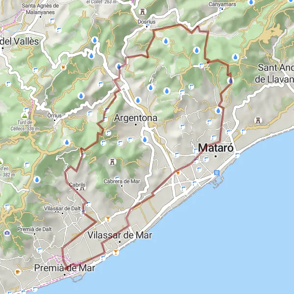 Miniatura della mappa di ispirazione al ciclismo "Gravel per Cabrils e Dosrius" nella regione di Cataluña, Spain. Generata da Tarmacs.app, pianificatore di rotte ciclistiche