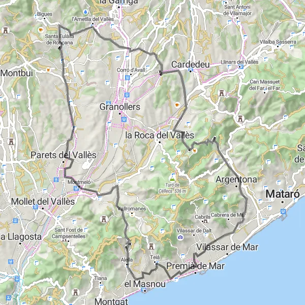 Miniatura della mappa di ispirazione al ciclismo "Giro in bici collinare da Premià de Mar" nella regione di Cataluña, Spain. Generata da Tarmacs.app, pianificatore di rotte ciclistiche