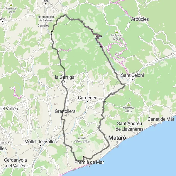Miniatuurkaart van de fietsinspiratie "Uitdagende tocht door de heuvels" in Cataluña, Spain. Gemaakt door de Tarmacs.app fietsrouteplanner