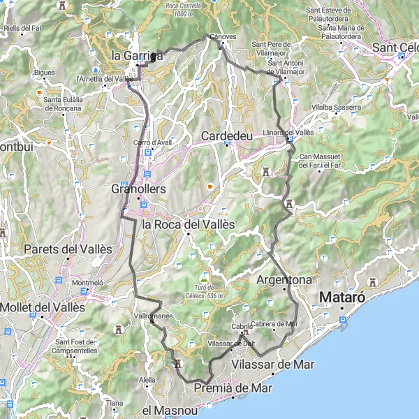 Miniatura della mappa di ispirazione al ciclismo "Esperienza collinare tra Vallromanes e Premià de Dalt" nella regione di Cataluña, Spain. Generata da Tarmacs.app, pianificatore di rotte ciclistiche