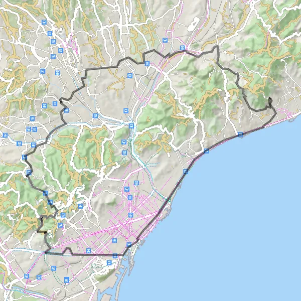 Map miniature of "Montgat & Estació de Montgat" cycling inspiration in Cataluña, Spain. Generated by Tarmacs.app cycling route planner