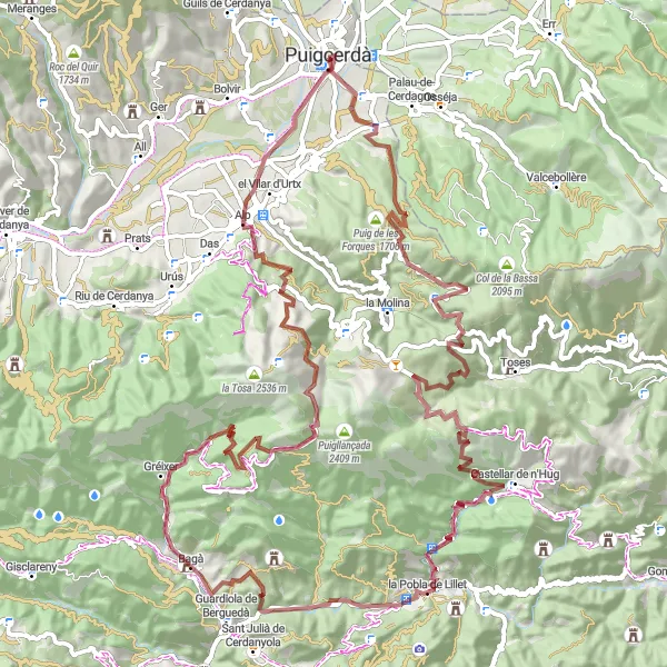 Map miniature of "Mountainous Gravel Challenge" cycling inspiration in Cataluña, Spain. Generated by Tarmacs.app cycling route planner