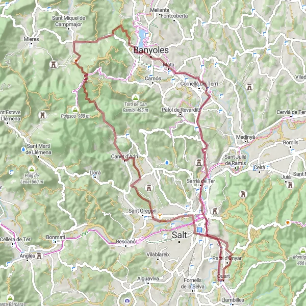 Map miniature of "Gravel Route from Quart d'Onyar" cycling inspiration in Cataluña, Spain. Generated by Tarmacs.app cycling route planner