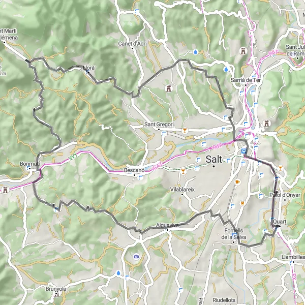 Miniatua del mapa de inspiración ciclista "Ruta Escénica por Constantins y Girona" en Cataluña, Spain. Generado por Tarmacs.app planificador de rutas ciclistas