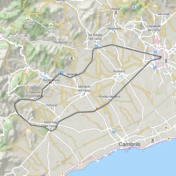 Miniature de la carte de l'inspiration cycliste "Les Chemins de Mont-roig" dans la Cataluña, Spain. Générée par le planificateur d'itinéraire cycliste Tarmacs.app