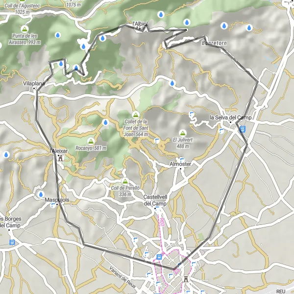 Miniaturní mapa "Road Cycling Route from Reus to la Selva del Camp" inspirace pro cyklisty v oblasti Cataluña, Spain. Vytvořeno pomocí plánovače tras Tarmacs.app