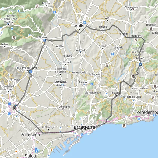 Miniaturekort af cykelinspirationen "Landevejscykling til Tarragona og tilbage" i Cataluña, Spain. Genereret af Tarmacs.app cykelruteplanlægger