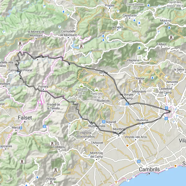 Miniatuurkaart van de fietsinspiratie "Rond-fietsroute van Montbrió del Camp naar Poboleda en terug" in Cataluña, Spain. Gemaakt door de Tarmacs.app fietsrouteplanner