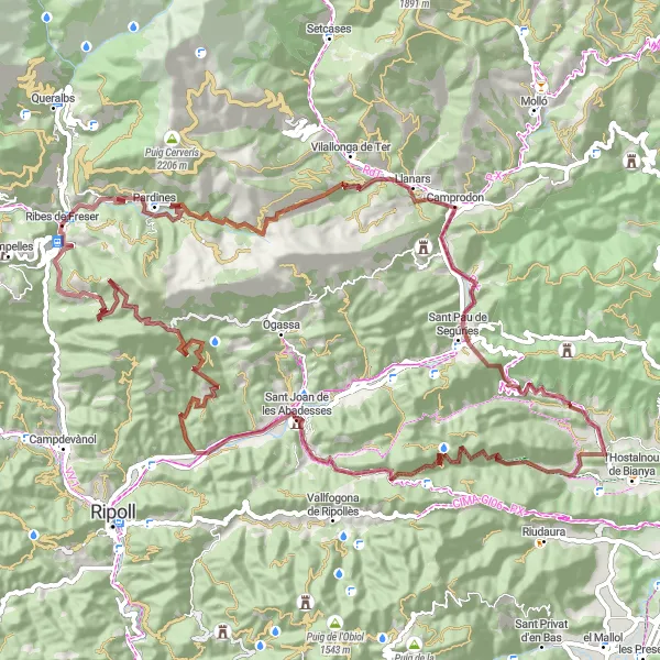 Map miniature of "Gravel Route: Ribes de Freser Circuit" cycling inspiration in Cataluña, Spain. Generated by Tarmacs.app cycling route planner