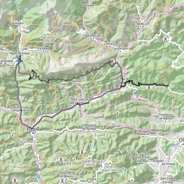 Map miniature of "Road Route: Ribes de Freser Challenge" cycling inspiration in Cataluña, Spain. Generated by Tarmacs.app cycling route planner