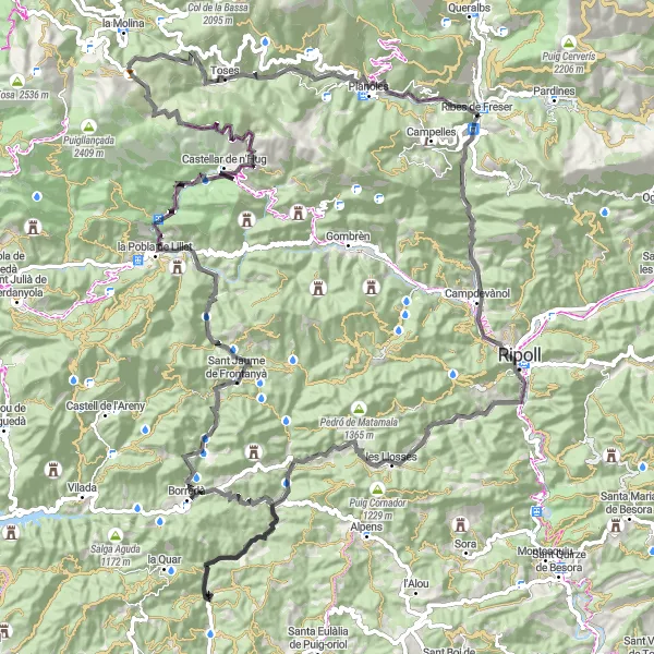 Map miniature of "Climbing Challenges: Conquer Majestic Peaks near Ribes de Freser" cycling inspiration in Cataluña, Spain. Generated by Tarmacs.app cycling route planner