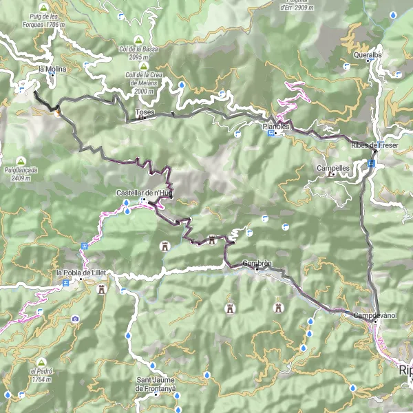 Map miniature of "Cycling through Mountain Passes near Ribes de Freser" cycling inspiration in Cataluña, Spain. Generated by Tarmacs.app cycling route planner