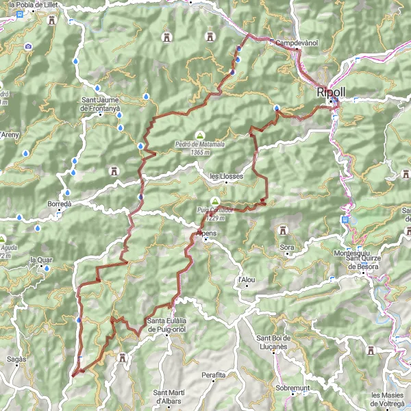 Miniaturní mapa "Gravelová trasa Turó del Calvari" inspirace pro cyklisty v oblasti Cataluña, Spain. Vytvořeno pomocí plánovače tras Tarmacs.app
