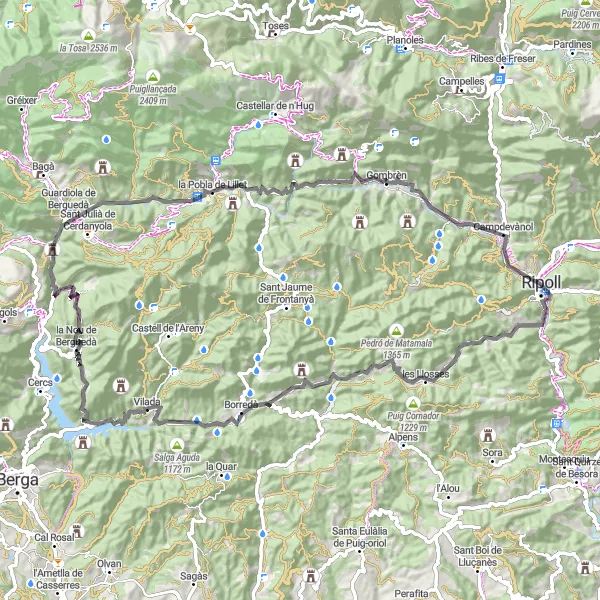 Miniatuurkaart van de fietsinspiratie "Les Llosses en terug: uitdagende wegtocht door berglandschappen" in Cataluña, Spain. Gemaakt door de Tarmacs.app fietsrouteplanner