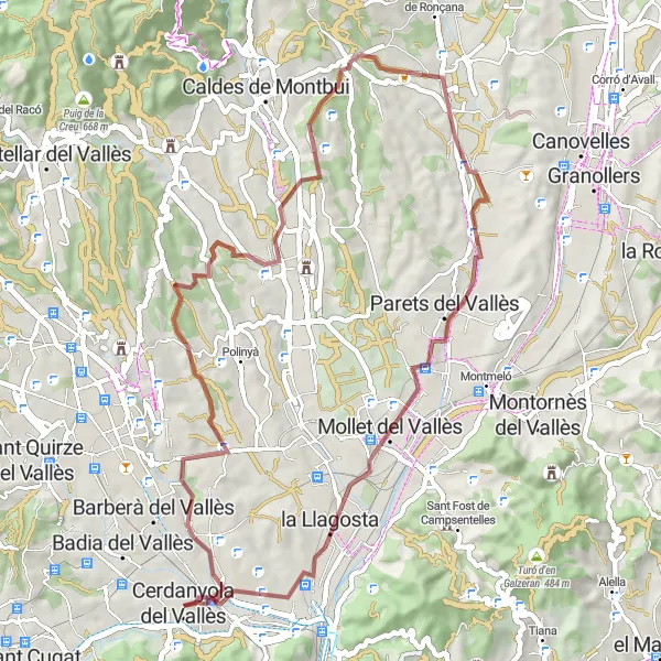 Map miniature of "Cerdanyola - Ripollet - Santiga Loop via Mollet del Vallès" cycling inspiration in Cataluña, Spain. Generated by Tarmacs.app cycling route planner