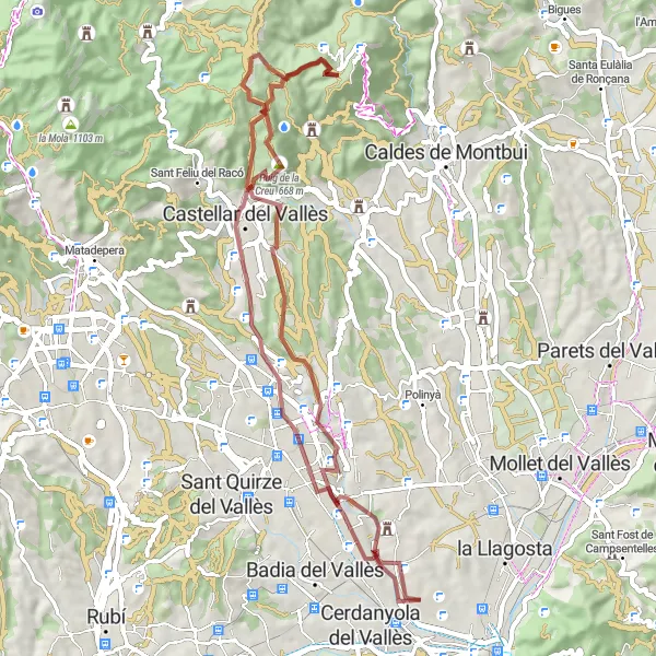 Miniatura della mappa di ispirazione al ciclismo "Esplorazione Gravel tra Castellar del Vallès e Sabadell" nella regione di Cataluña, Spain. Generata da Tarmacs.app, pianificatore di rotte ciclistiche