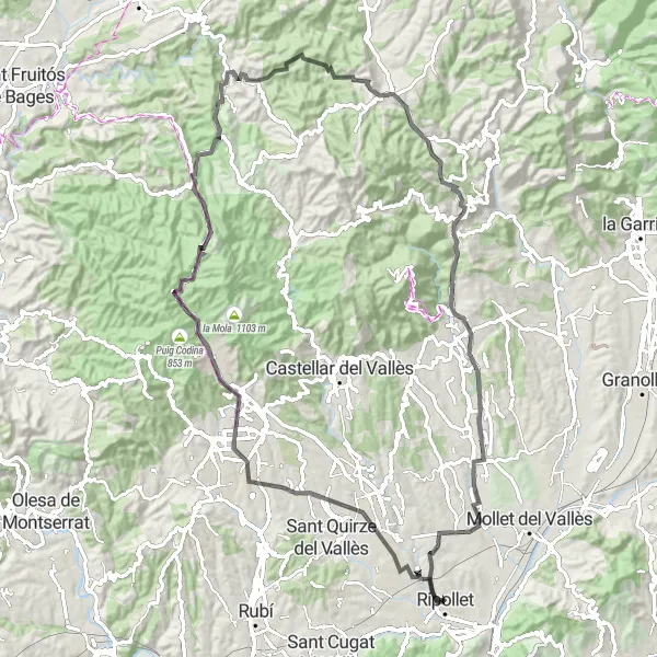 Miniatua del mapa de inspiración ciclista "Ripollet - Castellterçol - Ripollet" en Cataluña, Spain. Generado por Tarmacs.app planificador de rutas ciclistas