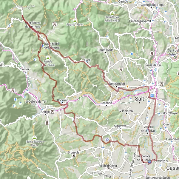 Miniaturní mapa "Vulkanická krajina a historické památky" inspirace pro cyklisty v oblasti Cataluña, Spain. Vytvořeno pomocí plánovače tras Tarmacs.app