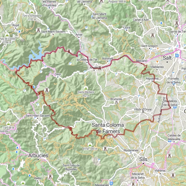 Miniatua del mapa de inspiración ciclista "Ruta de Gravel Riudellots de la Selva" en Cataluña, Spain. Generado por Tarmacs.app planificador de rutas ciclistas
