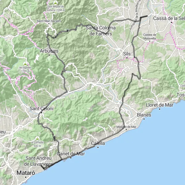 Miniatura della mappa di ispirazione al ciclismo "Giro in bici da Riudellots de la Selva" nella regione di Cataluña, Spain. Generata da Tarmacs.app, pianificatore di rotte ciclistiche