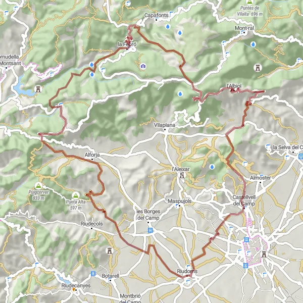 Map miniature of "The Gravel Adventure - Riudoms to Castellvell del Camp" cycling inspiration in Cataluña, Spain. Generated by Tarmacs.app cycling route planner