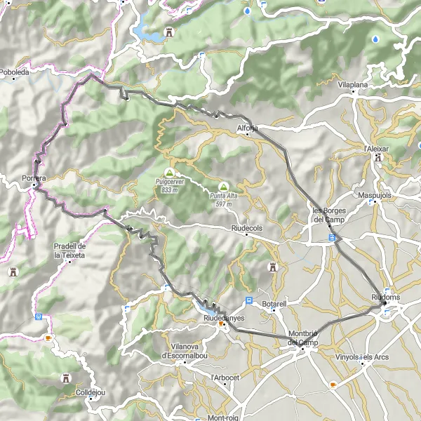 Map miniature of "Riudoms to Les Borges del Camp" cycling inspiration in Cataluña, Spain. Generated by Tarmacs.app cycling route planner