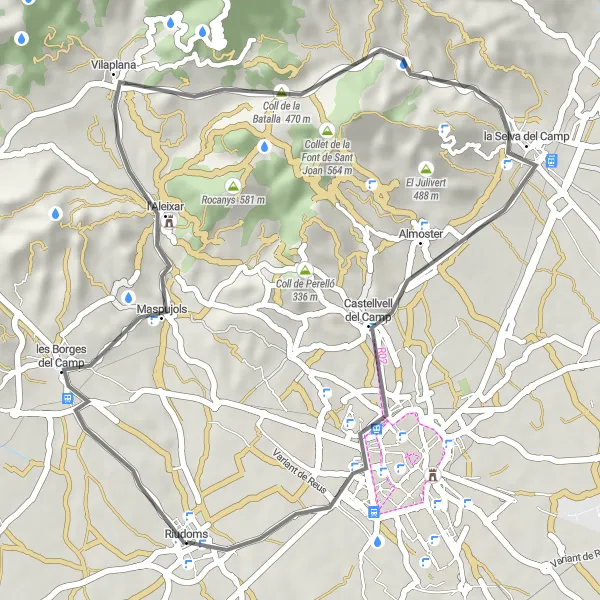 Miniatura della mappa di ispirazione al ciclismo "Esplorazione in bici delle colline e dei villaggi vicino a Riudoms" nella regione di Cataluña, Spain. Generata da Tarmacs.app, pianificatore di rotte ciclistiche