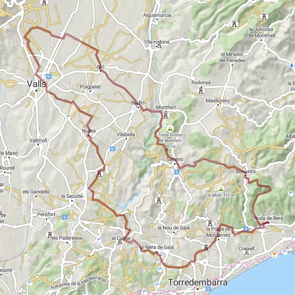 Miniatua del mapa de inspiración ciclista "Roda de Berà - Ruta de Grava por la Naturaleza" en Cataluña, Spain. Generado por Tarmacs.app planificador de rutas ciclistas