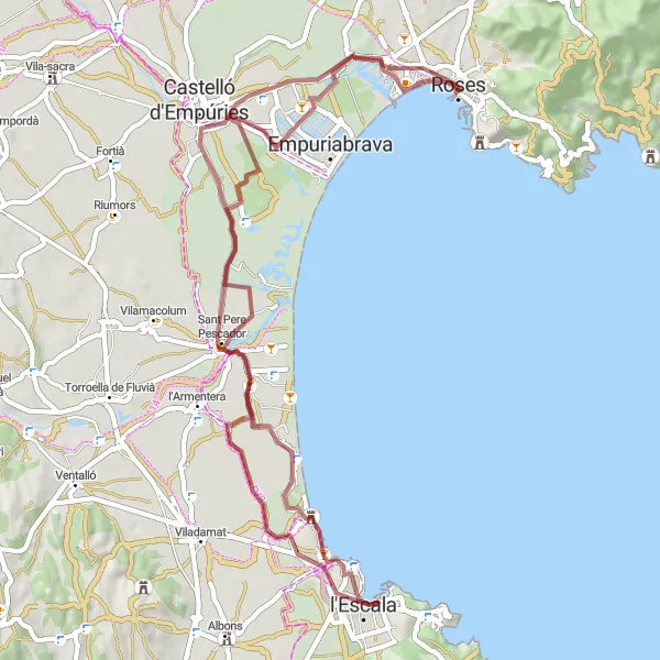 Miniatura della mappa di ispirazione al ciclismo "Sulle Strade di Gravel intorno a Roses" nella regione di Cataluña, Spain. Generata da Tarmacs.app, pianificatore di rotte ciclistiche