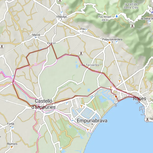 Miniatura della mappa di ispirazione al ciclismo "Gravel tra Castelló d'Empúries e Roses" nella regione di Cataluña, Spain. Generata da Tarmacs.app, pianificatore di rotte ciclistiche