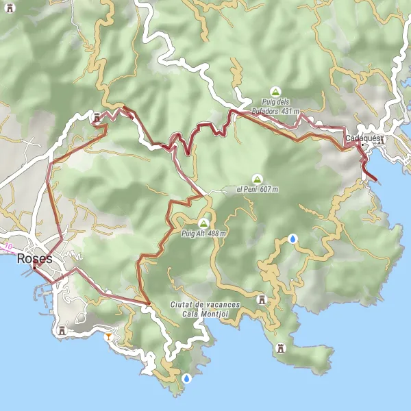 Miniatura della mappa di ispirazione al ciclismo "Avventura in bicicletta tra Roses e Cadaqués" nella regione di Cataluña, Spain. Generata da Tarmacs.app, pianificatore di rotte ciclistiche