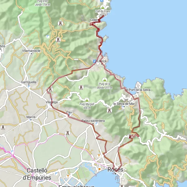 Miniatura della mappa di ispirazione al ciclismo "Tour Gravel delle Colline sopra Roses" nella regione di Cataluña, Spain. Generata da Tarmacs.app, pianificatore di rotte ciclistiche